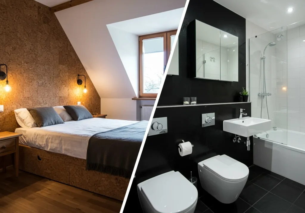 Side-by-side image contrasting a warm cork wallpaper bedroom and moisture-resistant vinyl wallpaper bathroom.