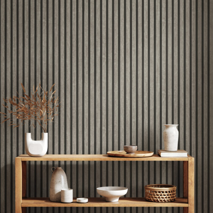 Modern Wood Slatted Panel Wallpaper Textured Grey