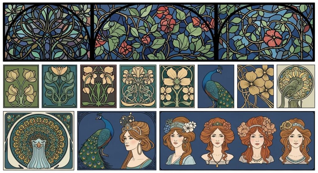 Key characteristics and motifs of Art Nouveau design, showcasing organic lines and natural elements.