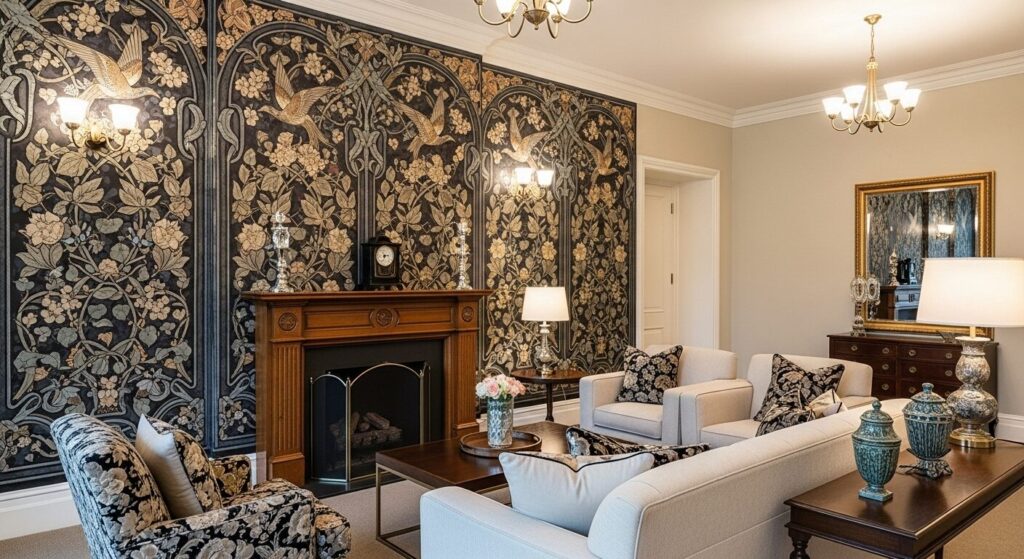 Elegant living room with a feature wall showcasing a dark floral Art Nouveau style mural.