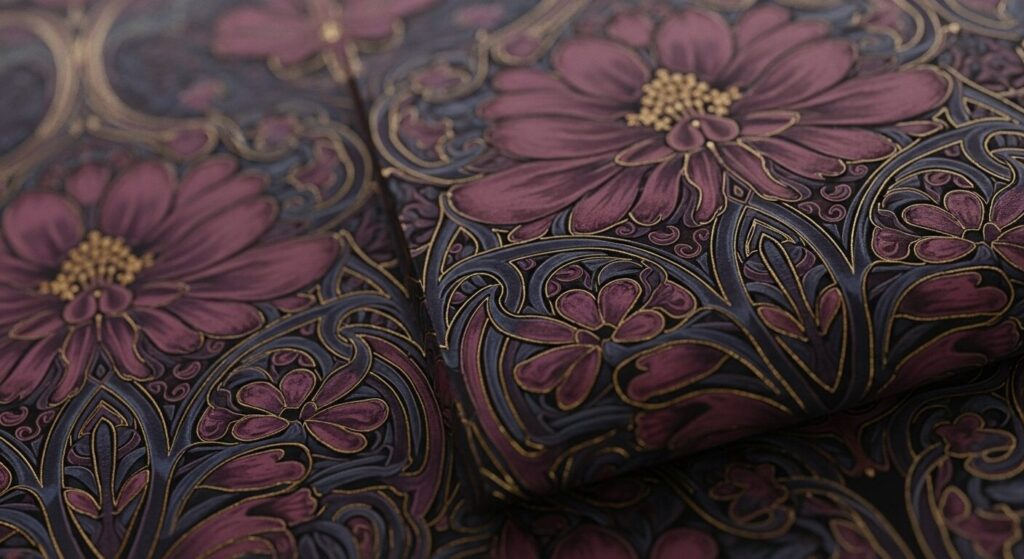 Close-up detail of a sophisticated dark floral Art Nouveau wallpaper design.