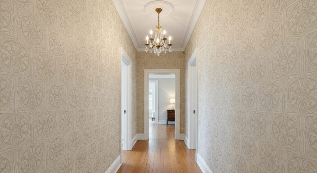 Elegant dining room featuring a sophisticated Art Nouveau patterned wallpaper.