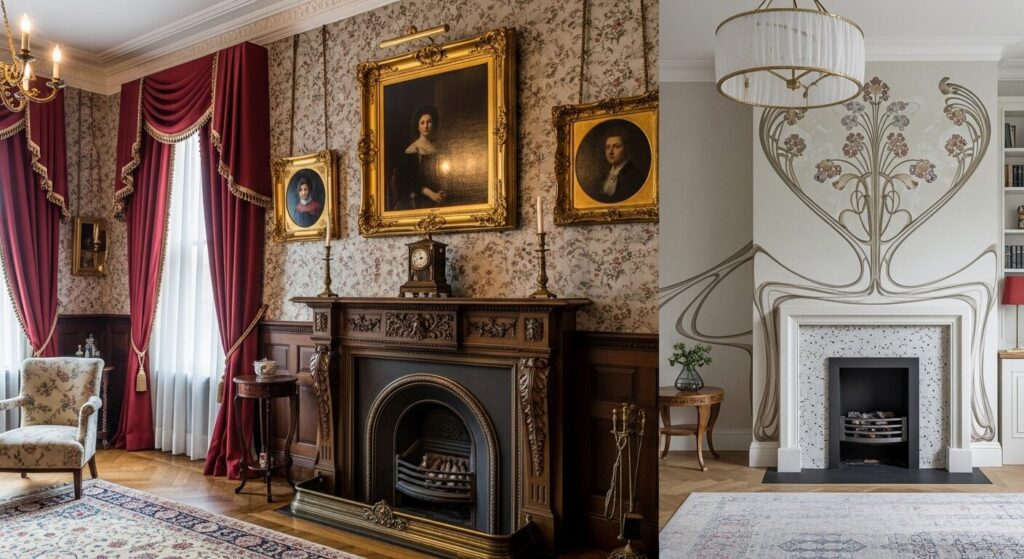 Comparison of Victorian decor versus modern room.