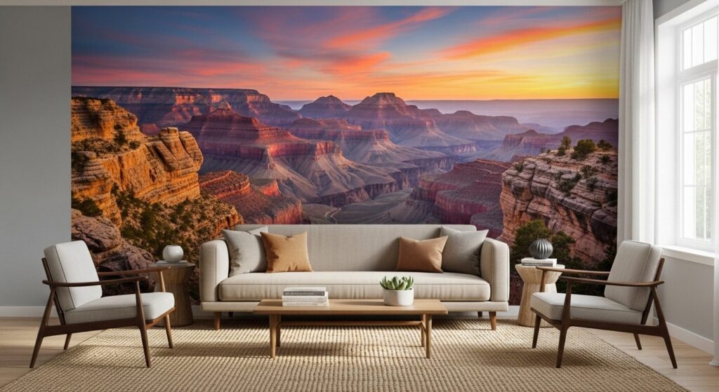 living room with scenic mural wallpaper printed in USA