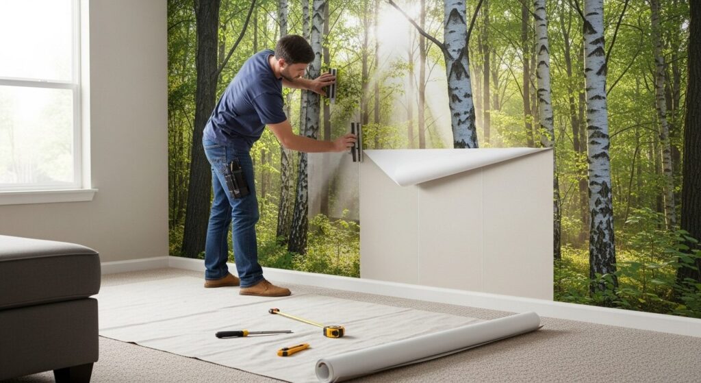 installer applying peel and stick mural wallpaper in American home